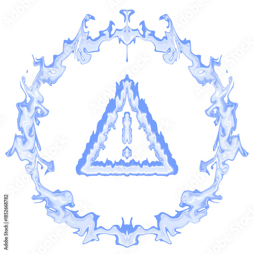 Abstract blue triangle warning symbol surrounded by a fluid energy ring, featuring symmetrical liquid motion 