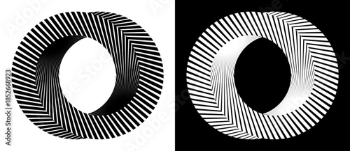 Symmetrical torus-like shapes with radial lines. Ideal for optical illusion, tech, and abstract design, logo, icon. A black figure on a white background and an equally white figure on the black side.