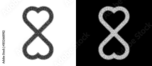 Infinity symbol made of two heart shapes with fuzzy texture. Abstract romantic design for logo, icon, background, valentine, love, or emotional themes.