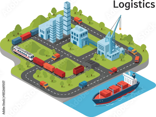Isometric illustration depicting a logistics network with rail road and sea transport hubs