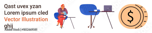 Work environment, finance, remote work, productivity, economy, office design. Woman sitting with crossed legs, table laptop and dollar coin symbol. Finance and remote work concept