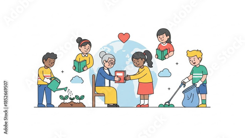 Diverse people helping the planet community volunteering and education concept flat vector illustration