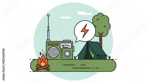 Camping scene with vintage radio tent and campfire representing outdoor communication and emergency alerts flat vector illustratio