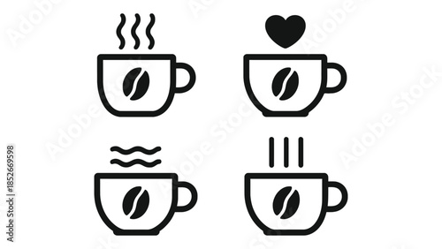 Four minimalist coffee cup icons with steam and heart symbols, representing hot beverages and love for coffee.