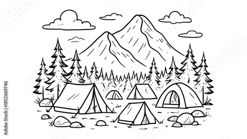 Serene mountain landscape with multiple tents set up for camping amidst pine trees and rocks.