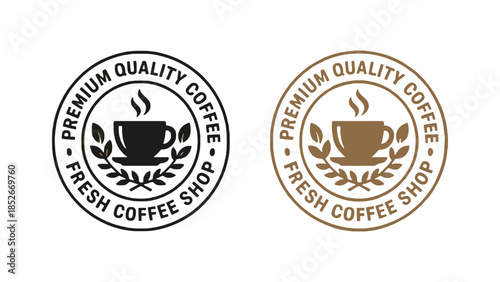 Premium coffee shop logo with steaming cup and laurel wreath