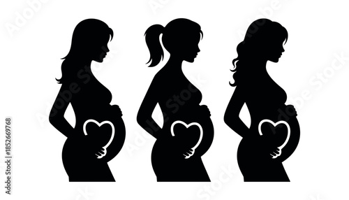 Pregnant women silhouettes with heart shaped hands on belly pregnancy black