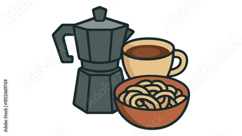 Morning coffee and simple breakfast of pasta served in a bowl