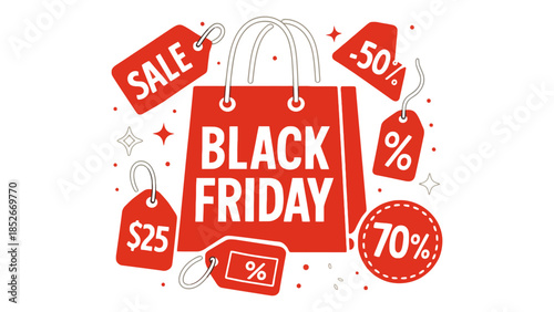 Exciting Black Friday sale with shopping bag and discount tags, perfect for seasonal promotions.