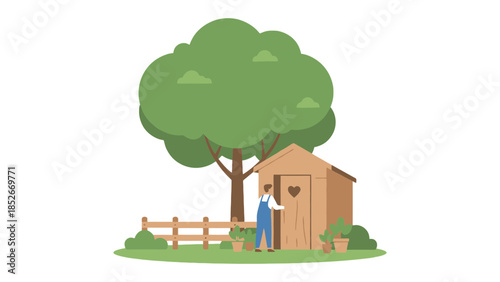 Person in overalls opens the door of a rustic wooden outhouse under a large green tree.