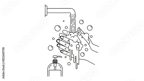 Hands being thoroughly washed with soap and water under a running faucet, illustrating hygiene and cleanliness.