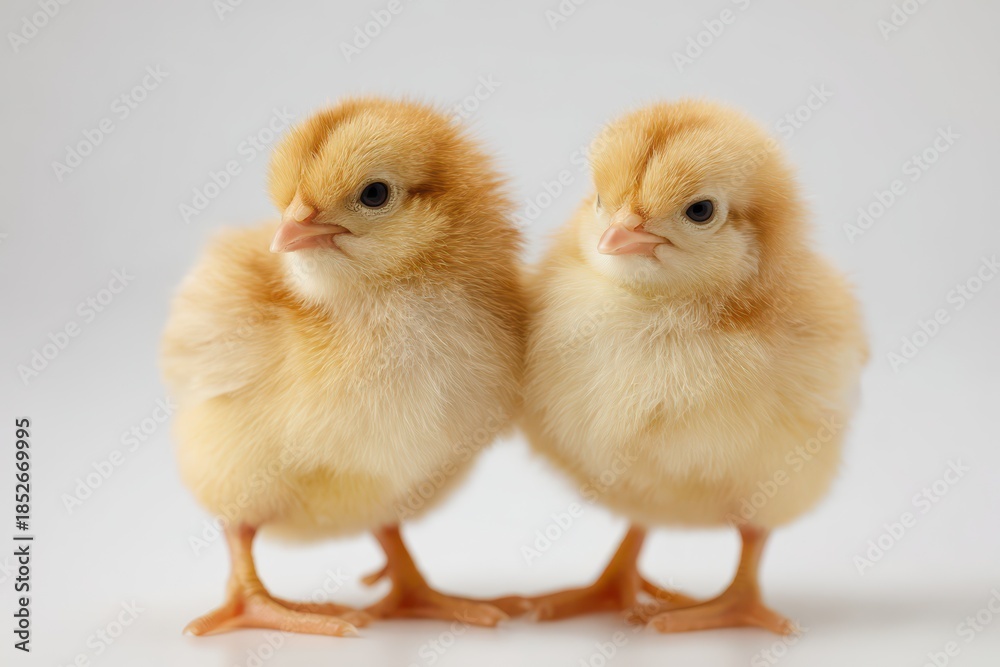 Fototapeta premium Two fluffy baby chicks on a pristine white background with soft studio lighting