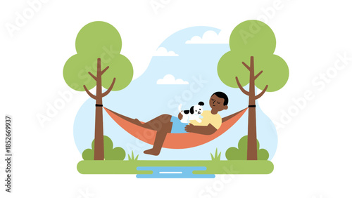 Relaxed person reading a book while resting in a hammock outdoors with a dog.
