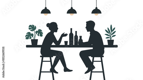 Silhouettes of a couple conversing at a bar with drinks and plants, enjoying a relaxed evening.