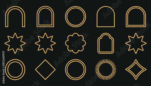 Gold line of various shapes on black background lines arches