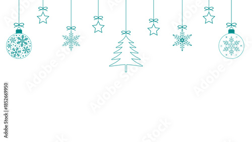 A green Christmas banner with hanging trinkets for greetings. New Year's card with winter holidays on a transparent background. Vector illustration.