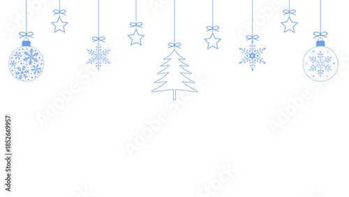 A blue Christmas banner with hanging trinkets for greetings. New Year's card with winter holidays on a transparent background. Vector illustration.