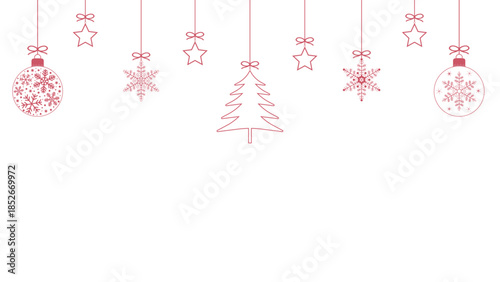 A red Christmas banner with hanging trinkets for greetings. New Year's card with winter holidays on a transparent background. Vector illustration.