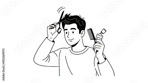 Young man smiling while styling his hair with scissors and comb at home
