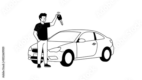 Excited young man proudly holding car keys next to his new automobile