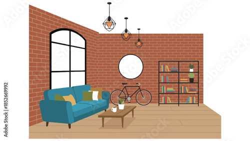 Cozy modern living room with blue sofa, brick walls, and stylish pendant lights.