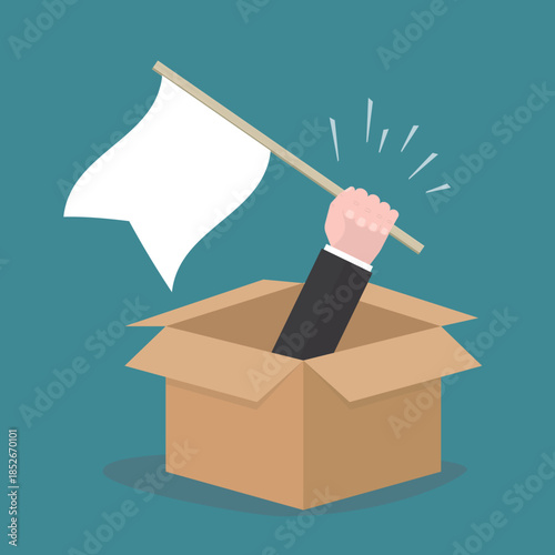 Give up, surrender, time to quit or fail in company concept, human hand waving white flag of surrender or giving up from inside cardboard box. Businessman loser or bankrupt.