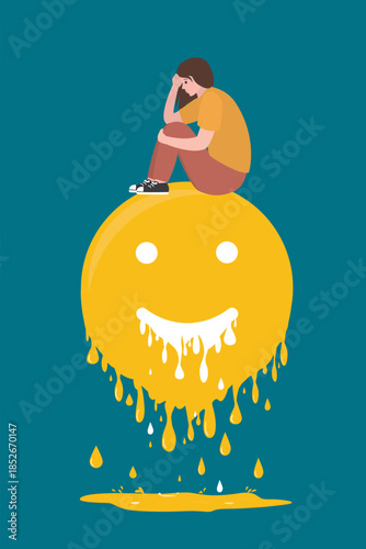 Happiness disappears. Melting emoji face icon. No good emotions. Unstable mental state and tight emotion control. Negative emotions