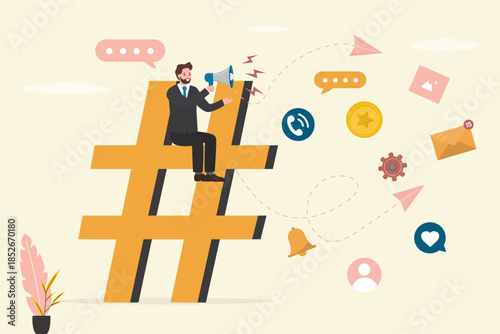 Social media marketing, online digital advertising campaign. SMM, Giant hashtag for followers. Businessman or marketer advertising announce, promotion on hashtag sign