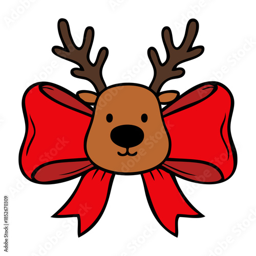 Dibujo sencillo con líneas de cabeza de reno Rudolph de Santa Claus con lazo de cinta de regalo para tarjetas y felicitaciones de Navidad