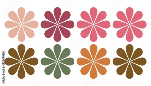 Colorful flower shapes in various shades on white background pastel