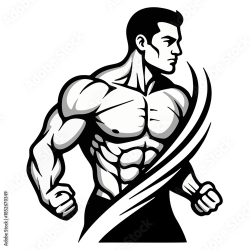 Black and white logo of a bodybuilder for a gym business or sports enthusiast community