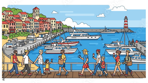 Vibrant Vector Illustration of Diverse People Walking Along a Sunny Marina Boardwalk with Luxury Yachts, Mediterranean Coastal Town Buildings, and a Lighthouse.
