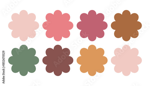 Eight pastel flowers in various earthy tones on white background colorful
