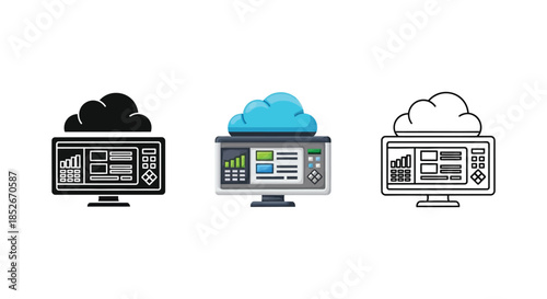 Cloud computing data monitoring screen icon set in solid, color, and outline styles