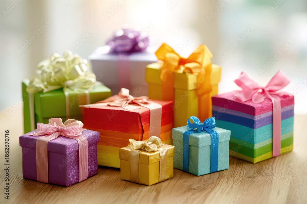 Fototapeta premium Vibrant Gift Boxes Arranged in a Festive Display of Colorful Wrapping