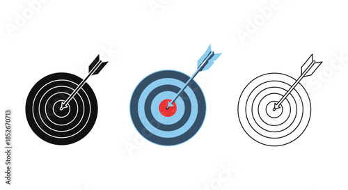 Set of three target icons with arrow hitting bullseye in solid, color, and outline styles