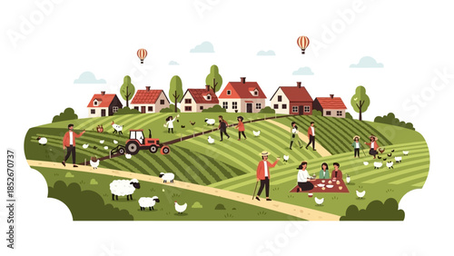 Flat vector illustration of a peaceful rural village landscape with farmers working in green fields, sheep grazing, people picnicking, and hot air balloons.