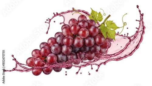 Fresh red grapes with green leaves and splashes on white background. Juicy red grapes surrounded by green leaves and vibrant red wine splashes on a clean white backdrop.  