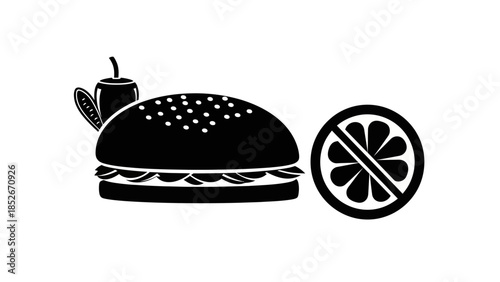 Unhealthy fast food combo with a forbidden lemon slice icon