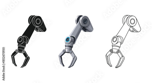 Set of three robotic arm icons with grippers in solid black, color, and outline styles