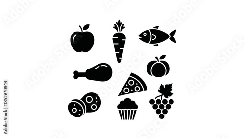 Selection of food icons representing various fresh ingredients and processed items