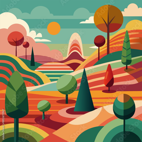 Abstract landscape with stylized trees hills and a vibrant sunset sky