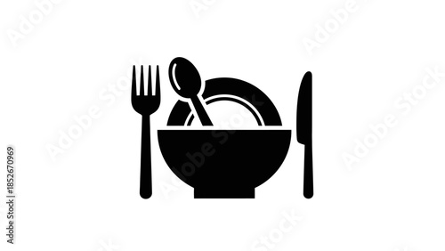 Black silhouette icon of bowl, plate, fork, knife, and spoon