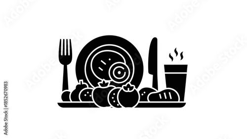 Healthy food arrangement with plate, fork, knife, drink, and fresh vegetables