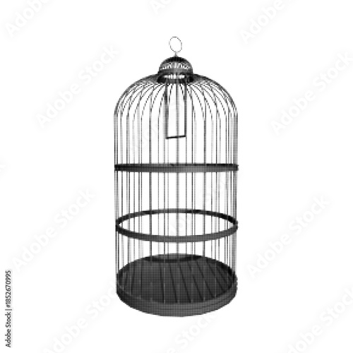 Vintage empty bird cage in black and white halftone style. Minimal decorative cage illustration isolated on white background for freedom, captivity, concept, interior or design use.
