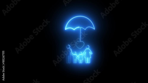 The glowing family icon in frame covering protect. Health insurance and medical welfare concept. Future healthcare planning on the black background 4k animation 