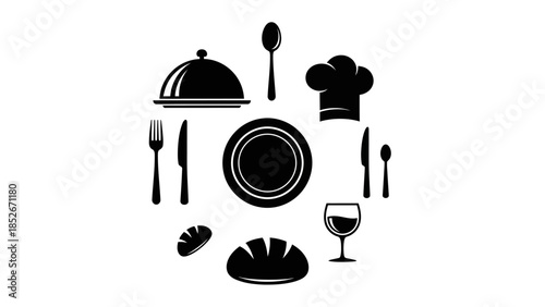 Minimalist monochrome restaurant and food icons arranged in a circle