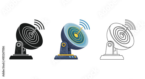 Radar detection icon set in solid, color, and outline styles