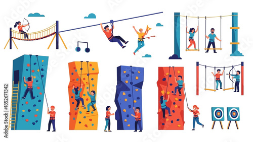 Comprehensive Adventure Park Outdoor Activity Vector Illustration Set Featuring Diverse Rock Climbing Walls, Zipline, Archery, and Rope Courses for Lifestyle.
