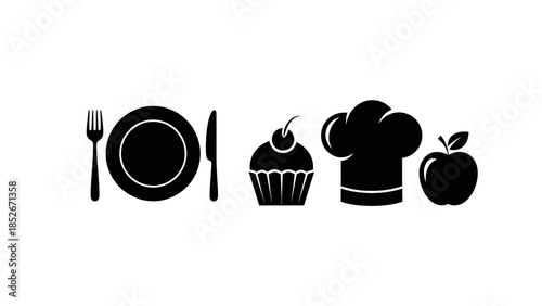 Minimalist black silhouette icons representing cooking and dining elements